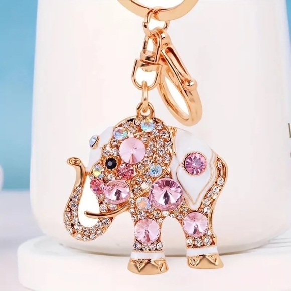 Sparkling Pink Elephant Key Chain/Bag Charm With Rhinestone Decorations - Picture 1 of 5